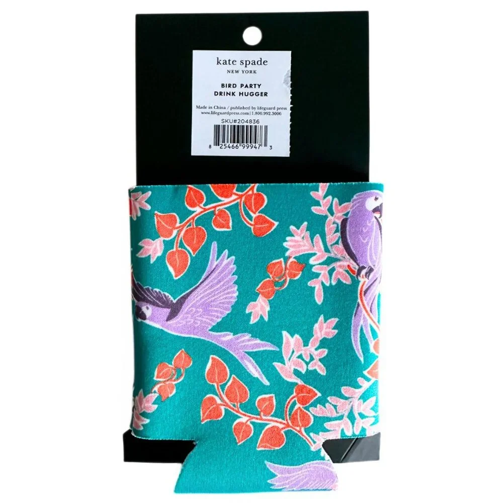 KATE SPADE Bird Party Parrots Purple Green Drink Hugger Can Bottle Cozy NEW